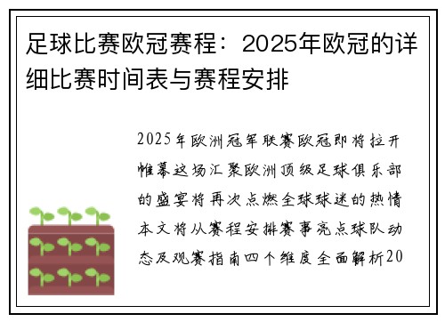足球比赛欧冠赛程：2025年欧冠的详细比赛时间表与赛程安排